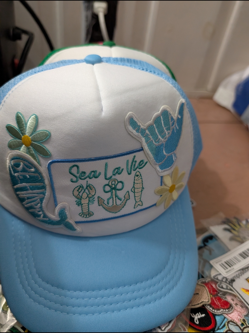 Sea La Vie Embroidered Trucker Hat - White & Light Blue